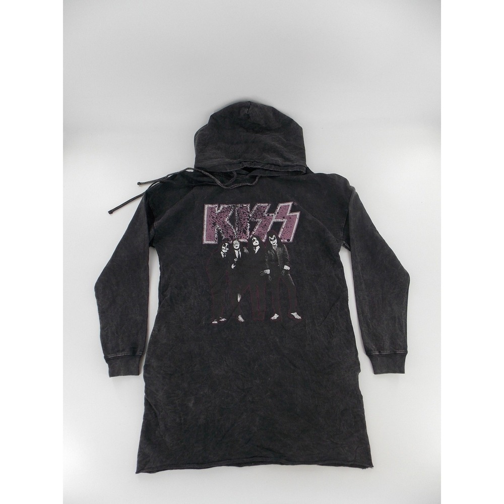Vintage Canvas KISS Band Hoodie Dress Y2K Womens Size Small Acid Wash Black